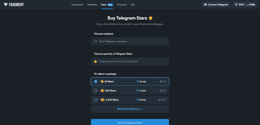 صفحه خرید تلگرام استارز از سایت فرگمنت