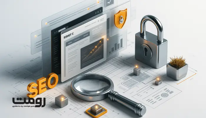 رندر سهبعدی سئو و امنیت وبسایت با پنلهای UI، قفل فلزی و ذرهبین