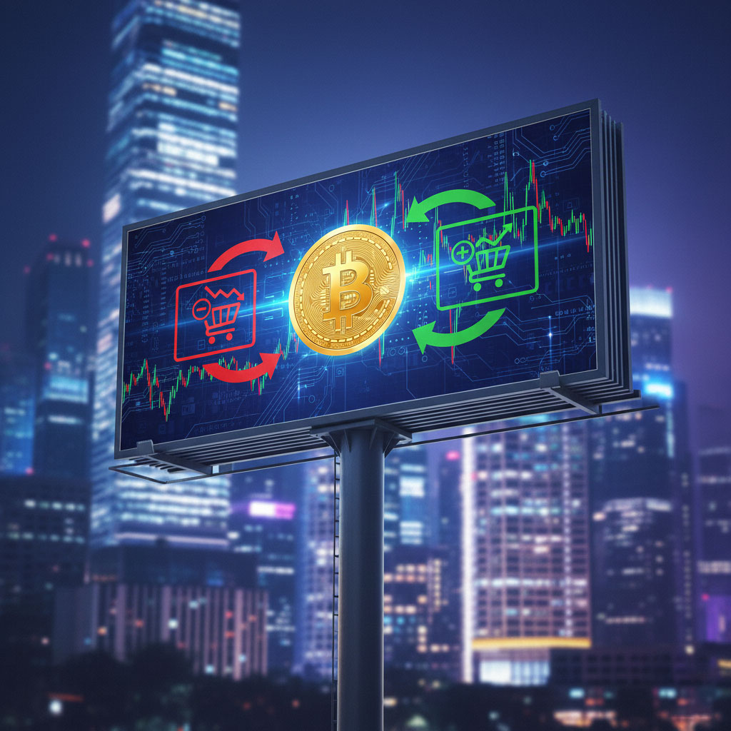 بیلبوردی در شب که تاثیر نوسانات بیت‌کوین بر خرید آنلاین را نشان می‌دهد. در مرکز، یک سکه بیت‌کوین طلایی قرار دارد. سمت چپ، یک سبد خرید قرمز با علامت منفی و فلش نزولی نشان‌دهنده کاهش قدرت خرید است. سمت راست، یک سبد خرید سبز با علامت مثبت و فلش صعودی نشان‌دهنده افزایش قدرت خرید است. پس‌زمینه دارای نمودارهای نوسان قیمت است.