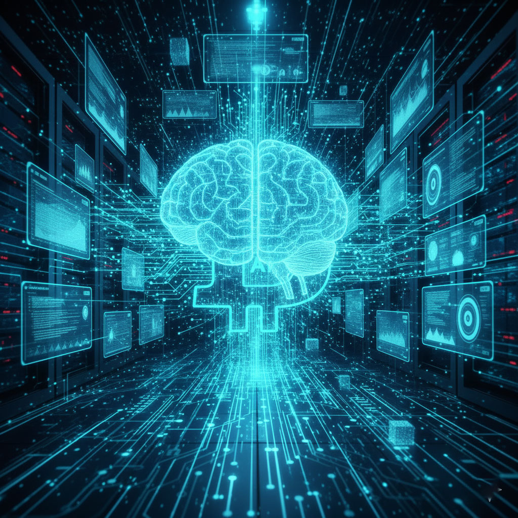 نمایی آینده‌نگرانه از لوگوی درخشان بیت‌کوین متصل به شبکه‌های عصبی هوش مصنوعی و مدارهای دیجیتال در یک دیتاسنتر پیشرفته.